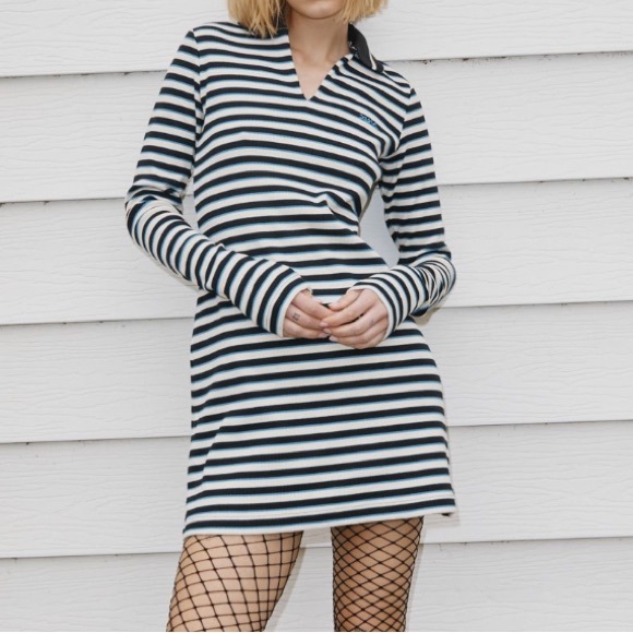 NWT! Urban Outfitters X-girl Stripe Long Sleeve Mini Dress Large Black White - Picture 2 of 9